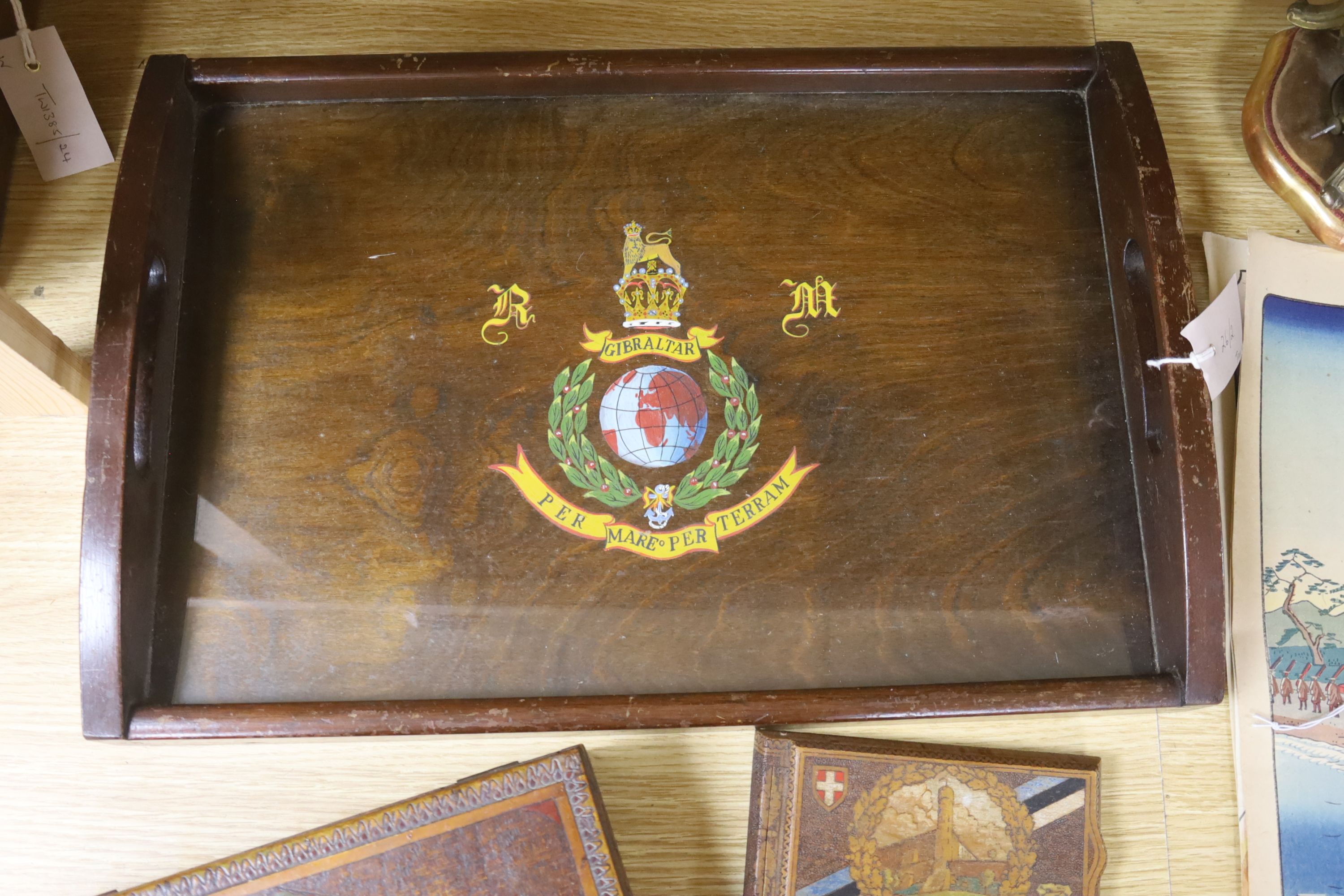 A tray with WWII Gibraltar interest, and three boxes made by displaced WWII Estonians, 48 x 32cm